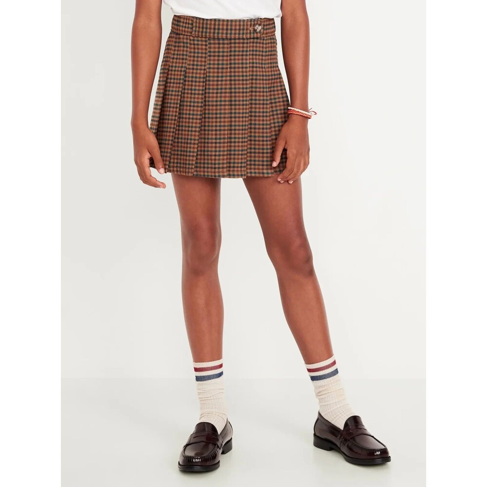 Old Navy Girls Large Plaid Pleated Mini Skirt Brown Black Check Preppy Academia